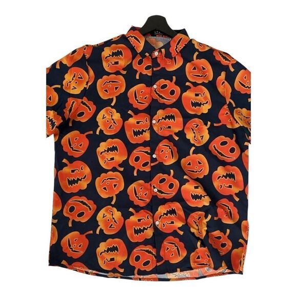 Halloween Button Up Short Sleeve Shirt Men's L Novelty Jack-O-Lantern Pumpkin - Picture 8 of 13